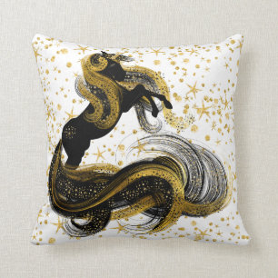 Black and Gold Unicorn with Gold Stars Throw Pillow