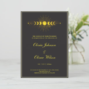Black and gold vintage celestial QR code wedding Invitation