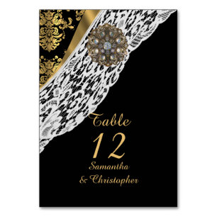 Black and gold vintage damask white lace wedding table number