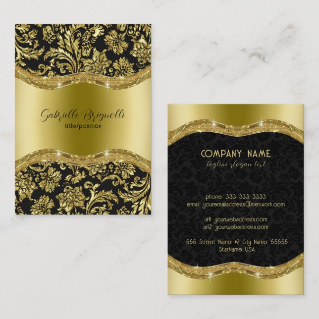 Black And Gold Vintage Damasks 5 Business Card (Front/Back)