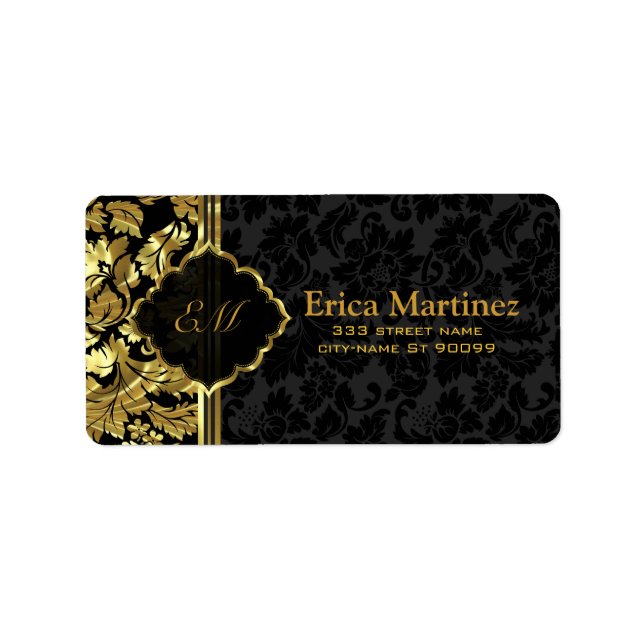 Black And Gold Vintage Floral Damasks Label (Front)