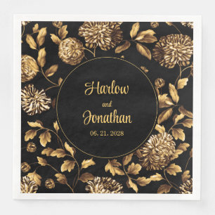 Black And Gold Vintage Floral Vine Wedding Napkin