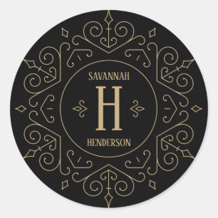 Black and Gold Vintage Gothic Swirls Monogram Classic Round Sticker
