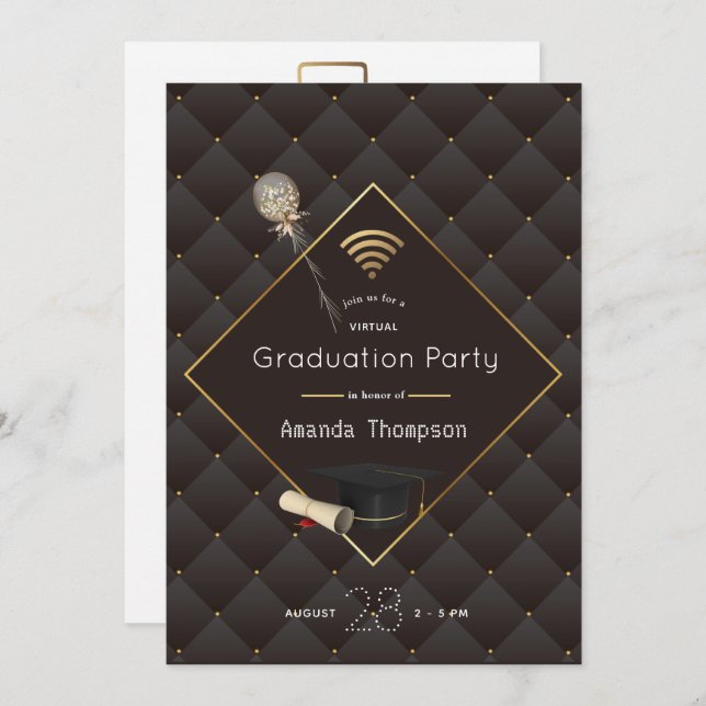 Black and Gold Virtual Graduation Party Photo Invitation (Front/Back)