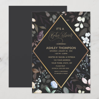  Black and Gold Watercolor Floral Baby Shower     Invitation