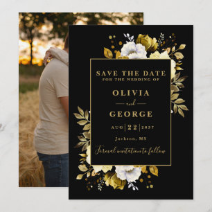 Black And Gold Watercolor Floral Photo Wedding Save The Date