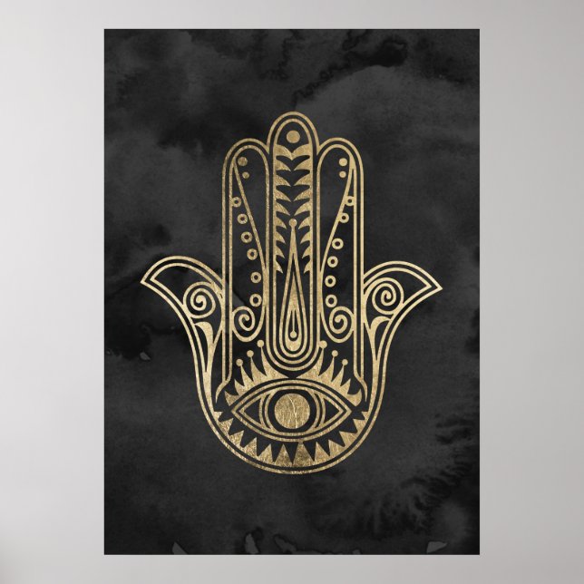 Black and gold watercolor hamsa hand of Fatima Poster (Front)