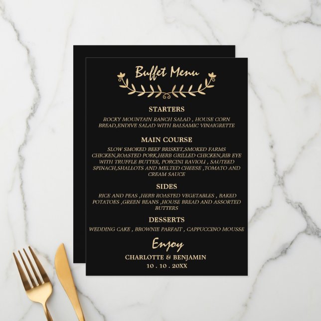 Black And Gold Wedding Buffet Menu Card (Front/Back In Situ)