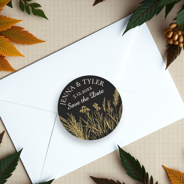 Black and Gold Wedding Elegant Personalized Classic Round Sticker (Creator Uploaded)