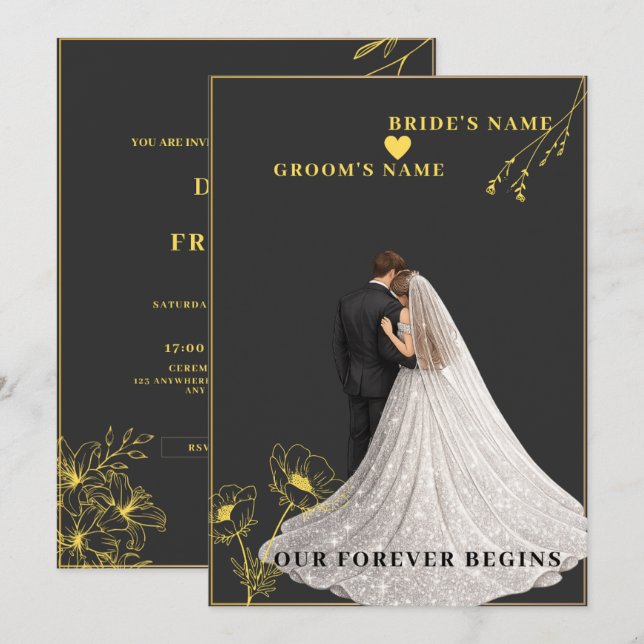 black and gold wedding invitation (Front/Back)