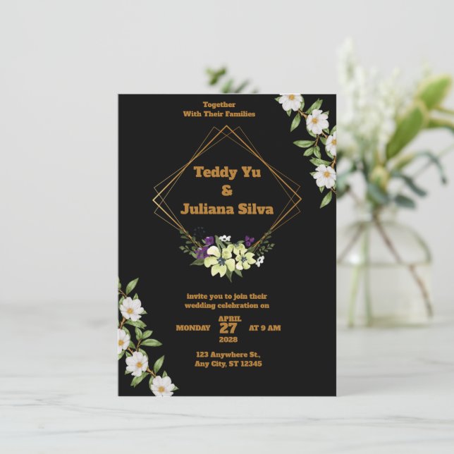 Black and gold wedding invitation with flowers (Standing Front)