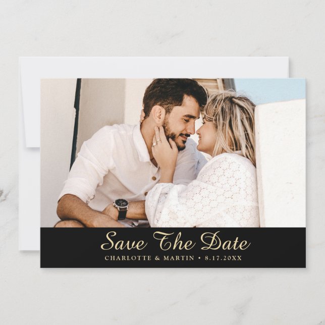 Black and Gold Wedding Photo Save The Date Cards (Front)