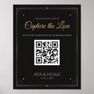Black and Gold Wedding QR Code Sign, Scan to Share Poster