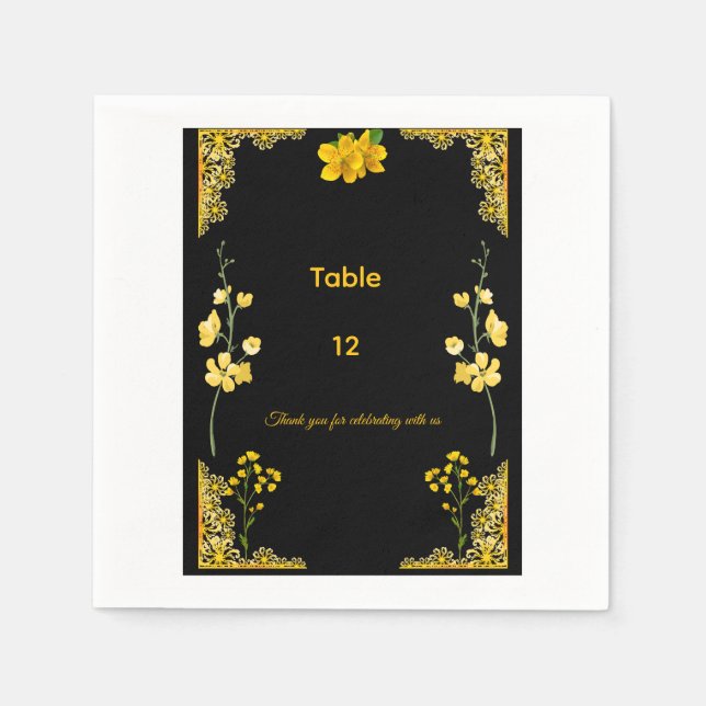 Black and Gold Wedding Table Number Napkin (Front)