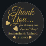 Black And Gold Wedding Thank You Classic Round Sticker<br><div class="desc">Black And Gold Wedding Thank You Stickers for the special gifts.</div>