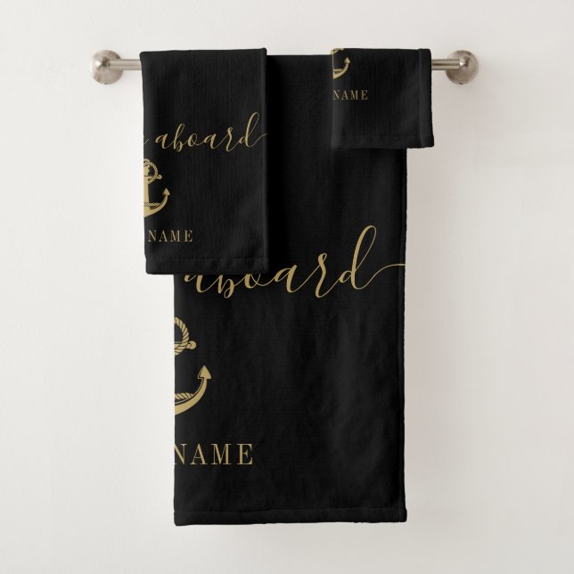 Black And Gold Welcome Aboard Anchor Boat Name Bath Towel Set (Insitu)