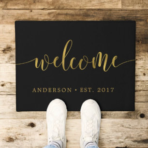 Black and Gold Welcome Script Personalized Doormat