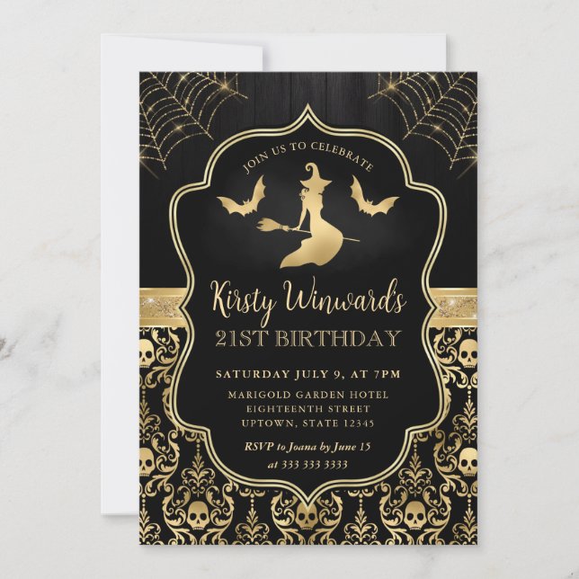 Black and Gold Witch and Bats Damask 21st Birthday Invitation (Front)