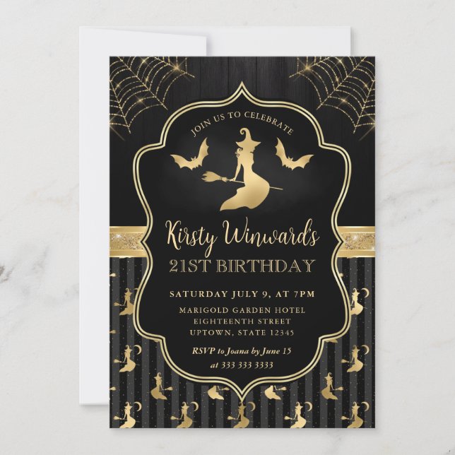 Black and Gold Witch and Bats Damask 21st Birthday Invitation (Front)