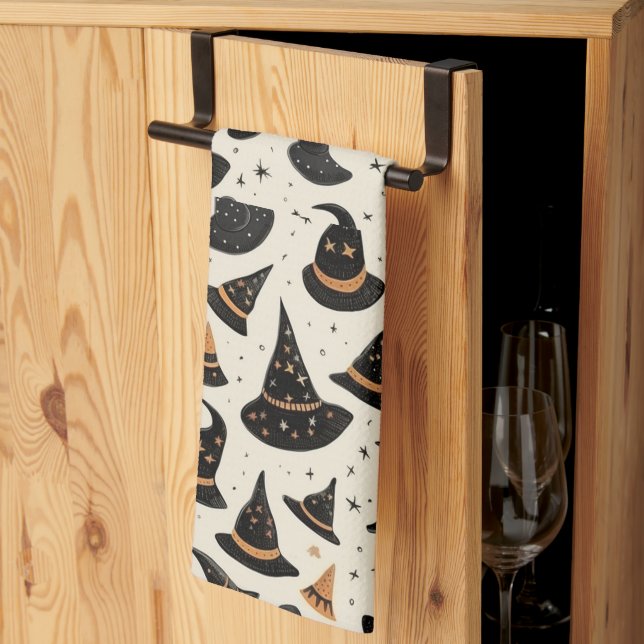 Black and Gold Witch's Hats Stars Cream Halloween Kitchen Towel (Thirds Fold)
