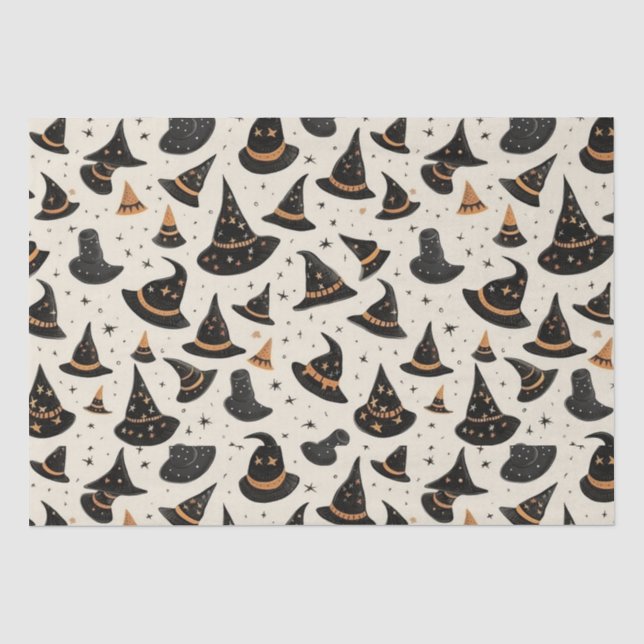 Black and Gold Witch's Hats Stars Cream Halloween Tissue Paper (Front)