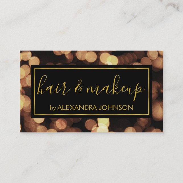 Black and Gold with Bokeh Lights Modern Business Card (Front)