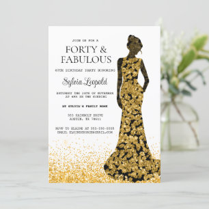 Black and Gold Woman in Dress 40th Birthday Invitation