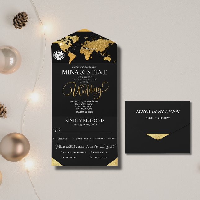 Black and Gold World Map wedding  All In One Invitation (Creator Uploaded)