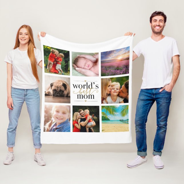 Black and Gold Worlds Best Mom 8 Photo Collage Fleece Blanket (In Situ)