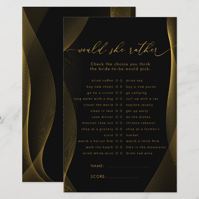 Black and Gold Would She Rather Bridal Shower Game (Front/Back)