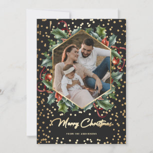 Black and Gold Wreath Photo Christmas Cards