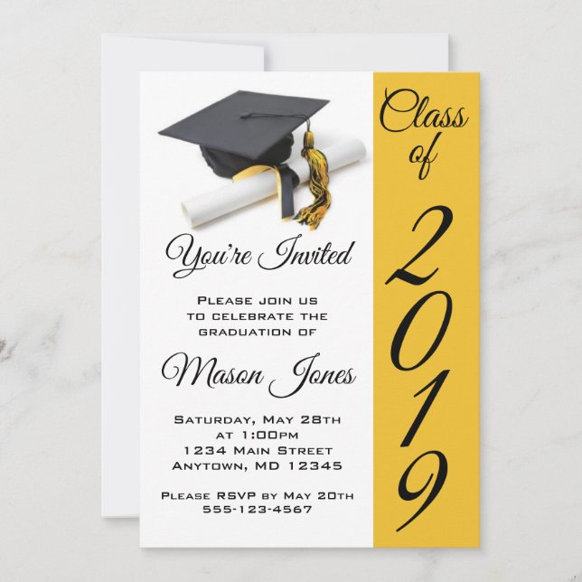 Black and Gold Yellow Graduation Cap and Tassel Invitation (Front)