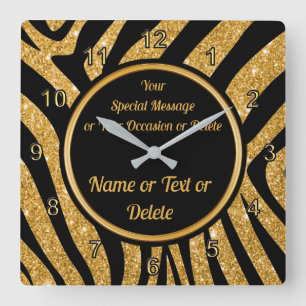 Black and Gold, Zebra Print Clock, Personalized Square Wall Clock