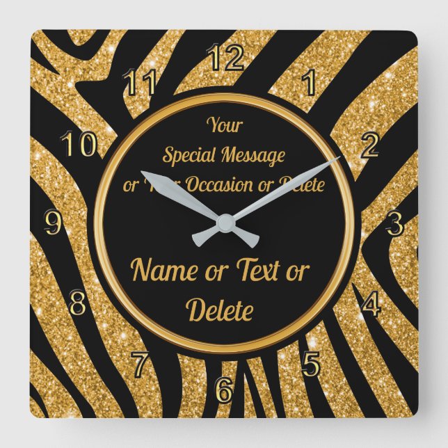 Black and Gold, Zebra Print Clock, Personalized Square Wall Clock (Front)