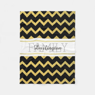 Black and Gold Zig Zag Chevron Pattern Fleece Blanket
