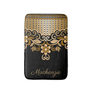Black and Golden Abstract Floral Bath Mat