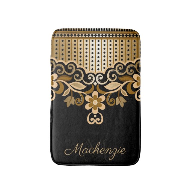Black and Golden Abstract Floral Bath Mat (Front Vertical)
