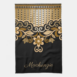 Black and Golden Abstract Floral Kitchen Towel