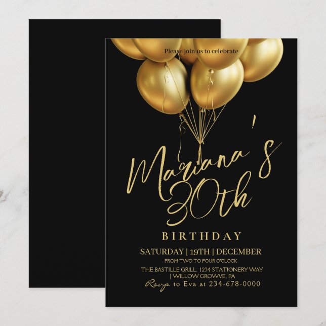 Black and Golden Balloon Birthday Party Invitation (Front/Back)