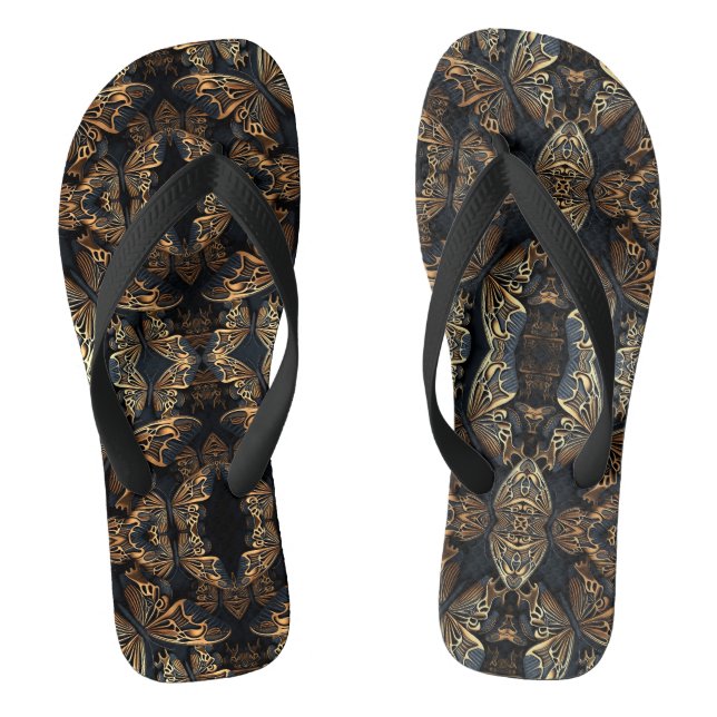 Black and Golden Butterfly Seamless Pattren Flip Flops (Footbed)