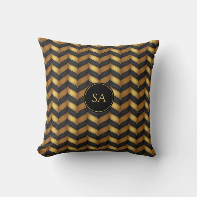 Black and Golden Chevron with Custom Monogram Throw Pillow (Front)