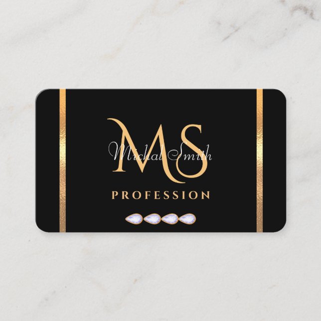 Black and Golden Colours with Diamonds and Initial Business Card (Front)