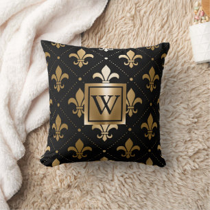 Black and Golden Fleur-de-lis Throw Pillow