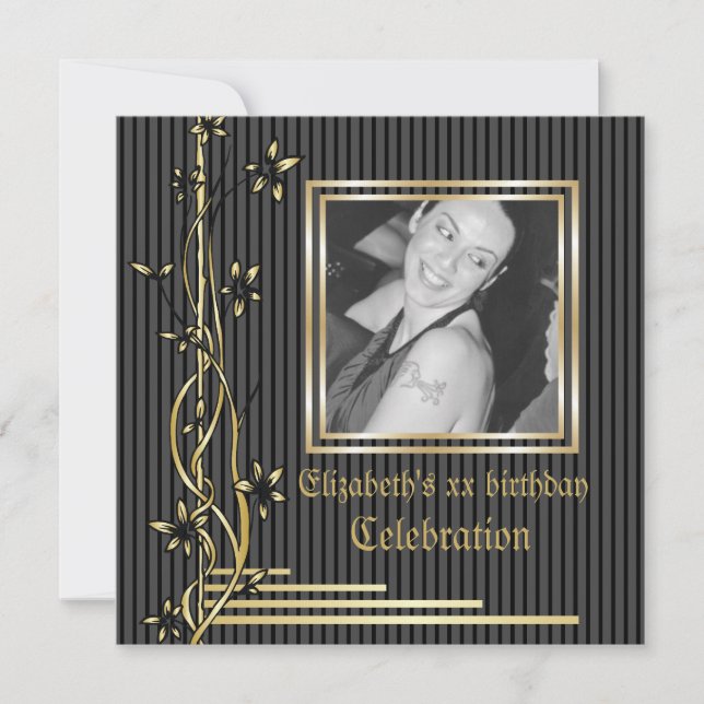 Black and golden floral border birthday invite (Front)