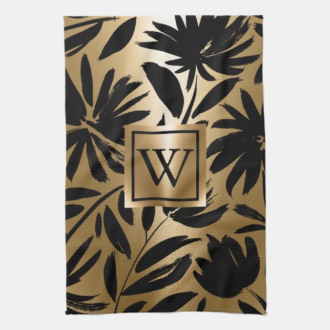 Black and Golden Floral Brush Kitchen Towel (Vertical)