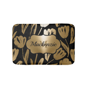 Black and Golden Flowers Bath Mat