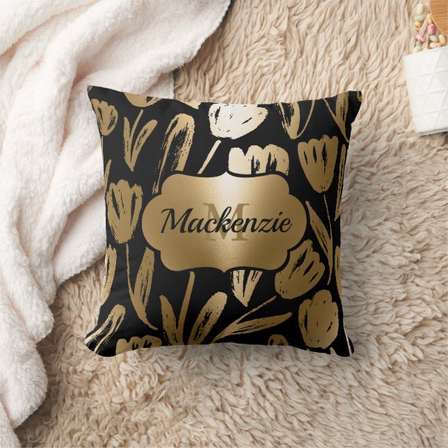 Black and Golden Flowers  Throw Pillow (Blanket)