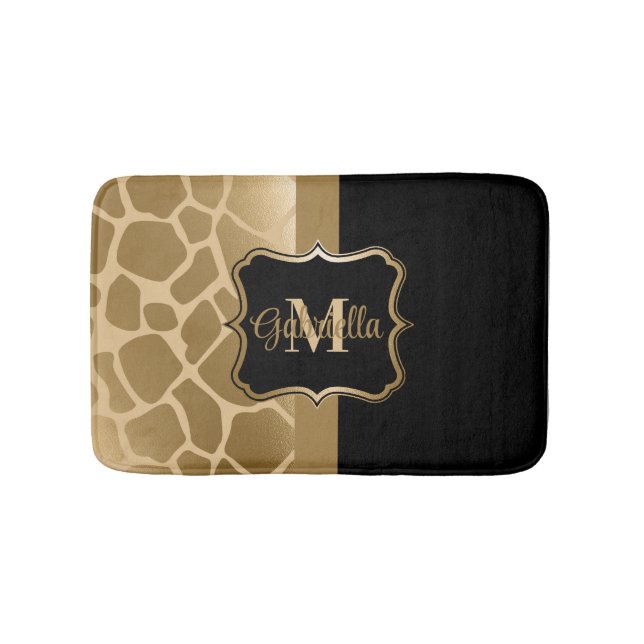 Black and Golden Giraffe Pattern Bath Mat (Front)