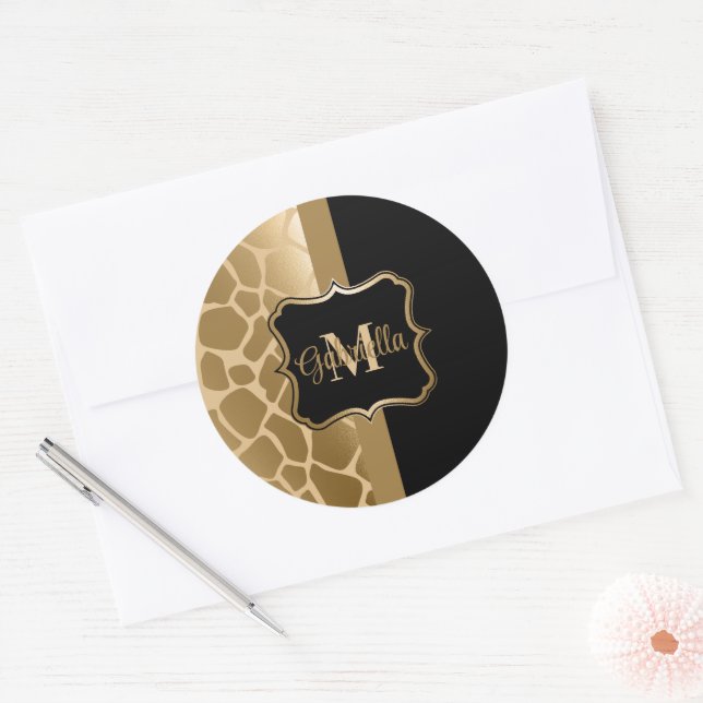 Black and Golden Giraffe Pattern Classic Round Sticker (Envelope)