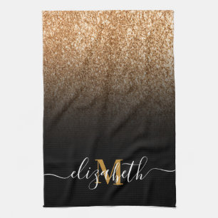 Black and Golden Glitter Monogram Kitchen Towel